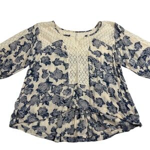 Free People Moon River Floral‎ Lace 3/4 Sleeve Peasant Blouse Blue White X Small